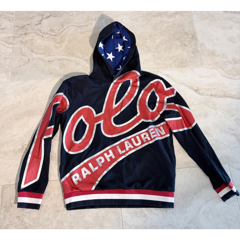 Vintage Polo Ralph Lauren Huge Logo Sweatshirt Pockets Lined Hood Size M